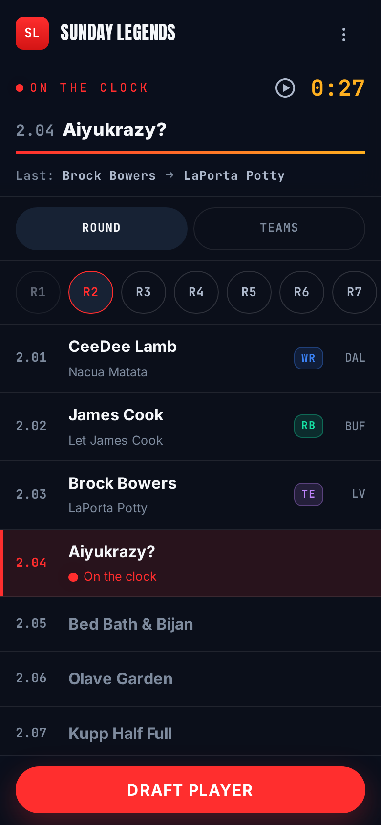 Round view with live picks